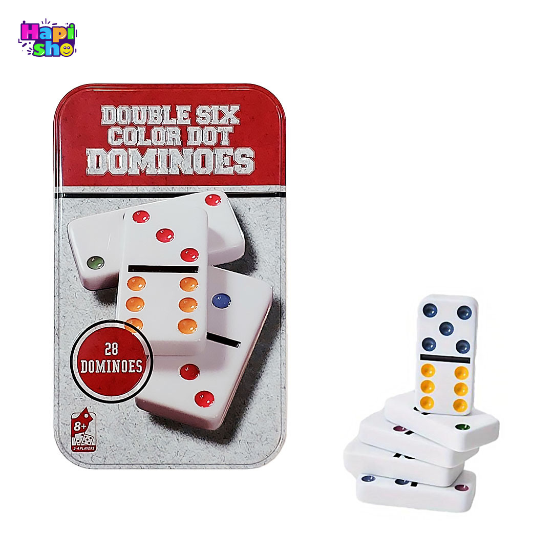 دومینو سنگی جعبه فلزی با نقطههای رنگی مدل DOUBLE SIX COLOR DOT