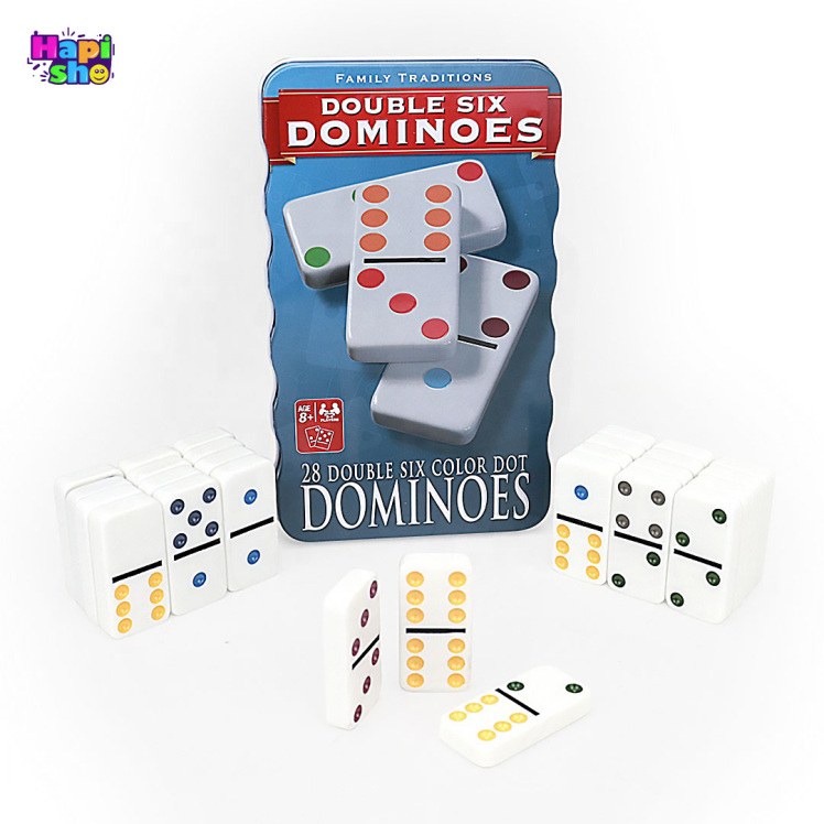 دومینو سنگی با جعبه فلزی و نقطههای رنگی مدل دابل سیکس DOUBLE SIX–اسباببازی