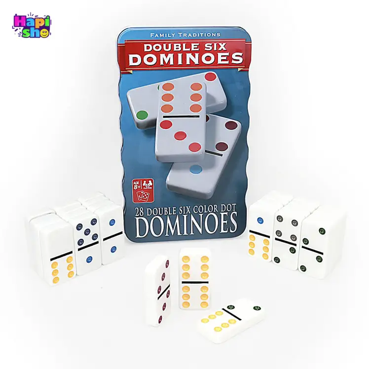دومینو سنگی با جعبه فلزی و نقطه‌های رنگی مدل دابل سیکس DOUBLE SIX–اسباب‌بازی