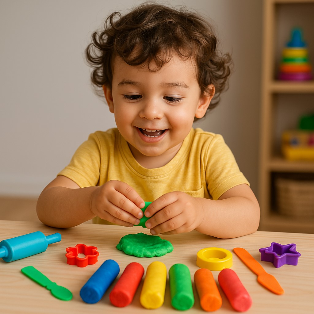 کودک با خمیر بازی و وسایل رنگی
