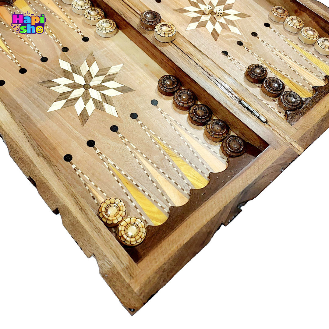  قیمت تخته نرد چوب گردو دور منبت کاری سنندج با طرح معرق ستاره 50 سانتی کد 385–تخته نرد 