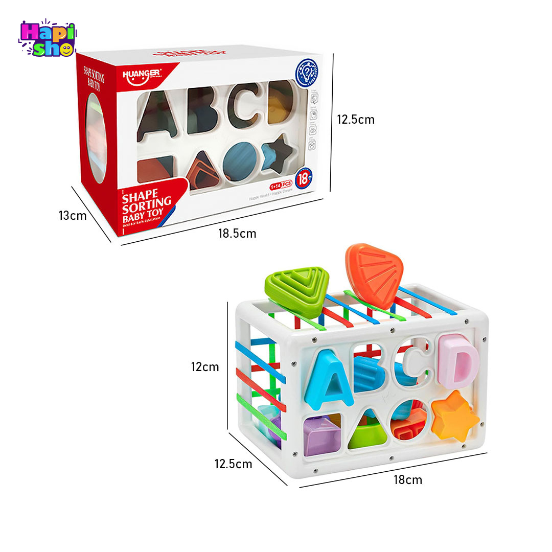  ابعاد و اندازه اسباب بازی مکعب هوش هانگر جایگذاری اشکال و حروف SHAPE SORTING BABY TOY 