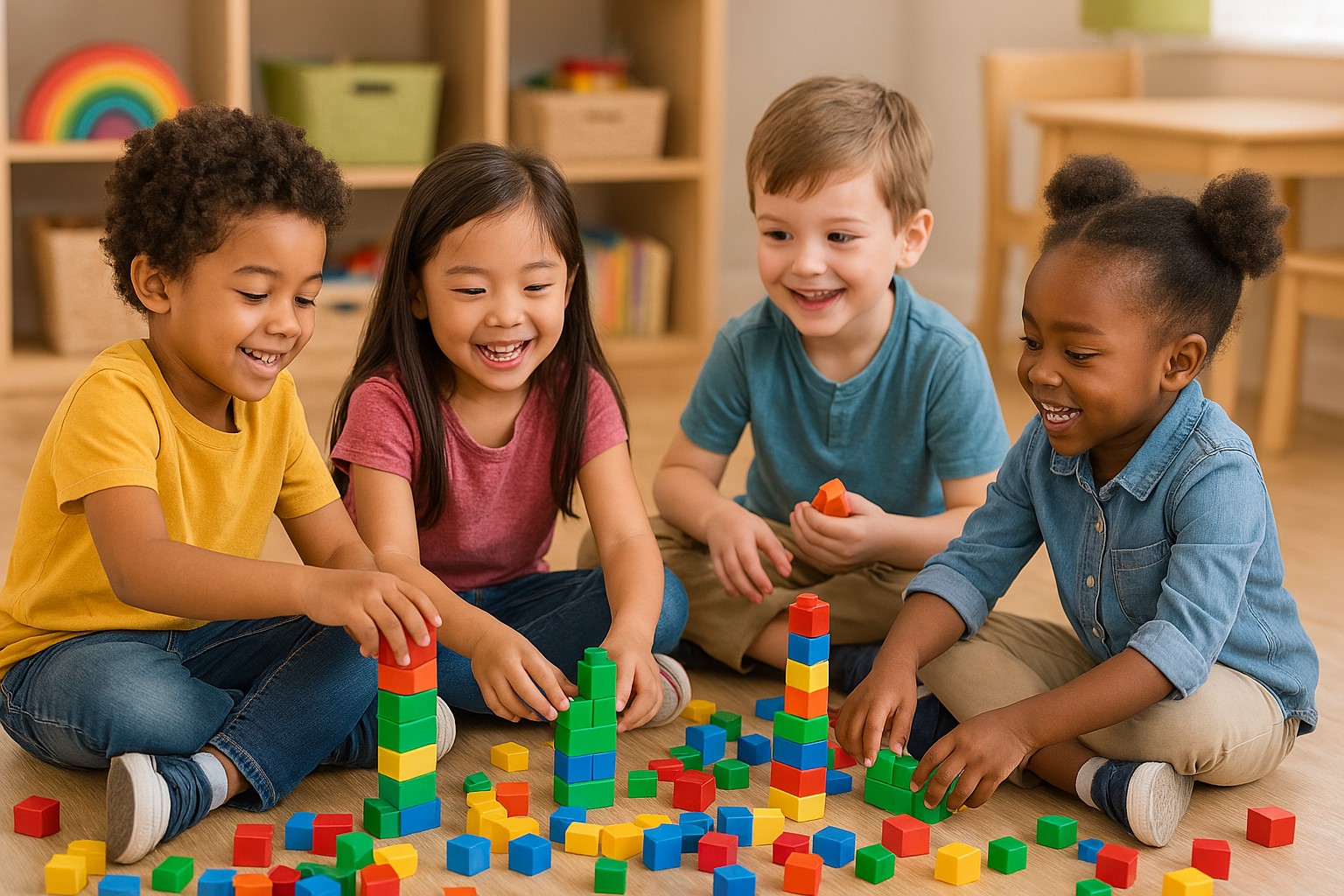 بازی گروهی کودکان با بلوک‌های رنگی