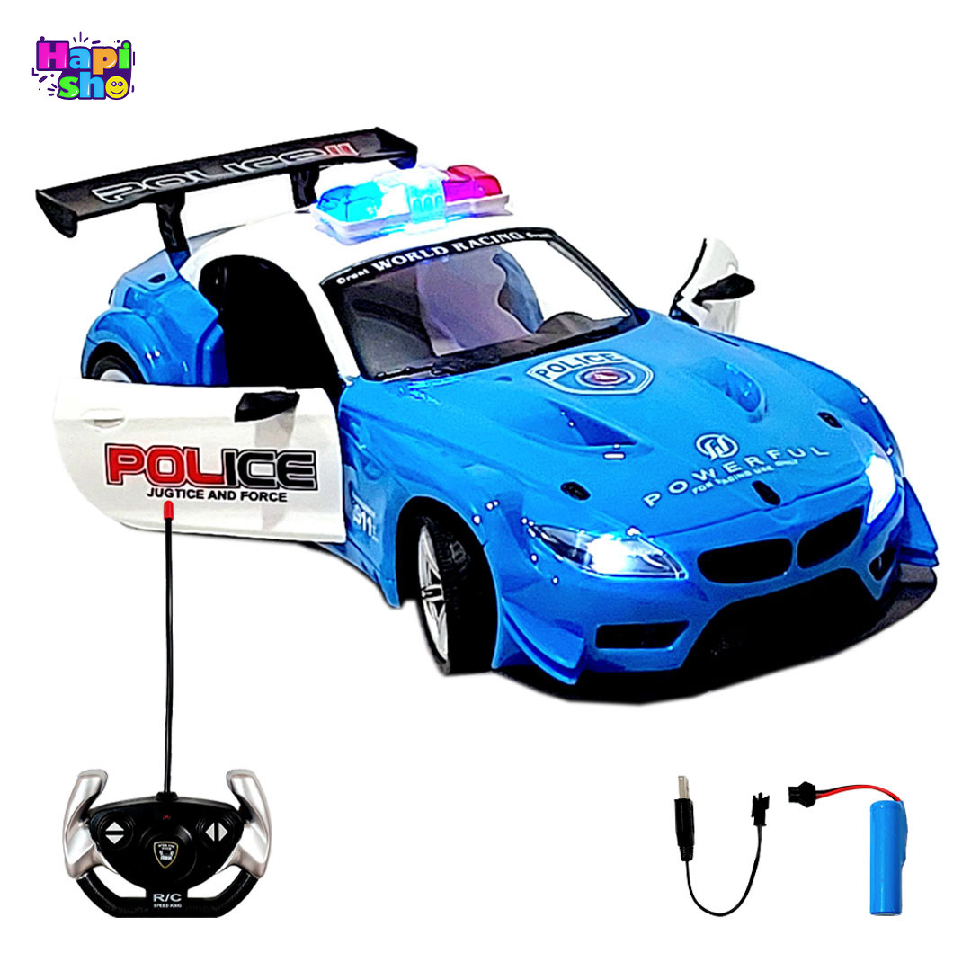  اقلام همراه اسباب بازی ماشین کنترلی شارژی پلیس آبی با درب بازشو SUPER POWER POLICE CAR–اسباب بازی 