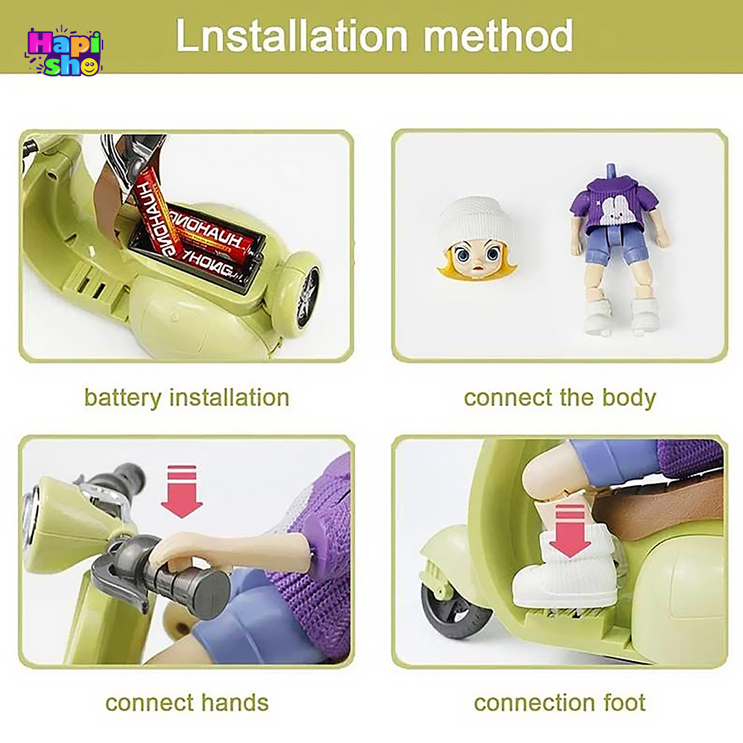 مشخصات و نحوه اتصال قطعات اسباببازی موزیکال متحرک دختر موتورسوار با چراغ Motor Tide Flow Car