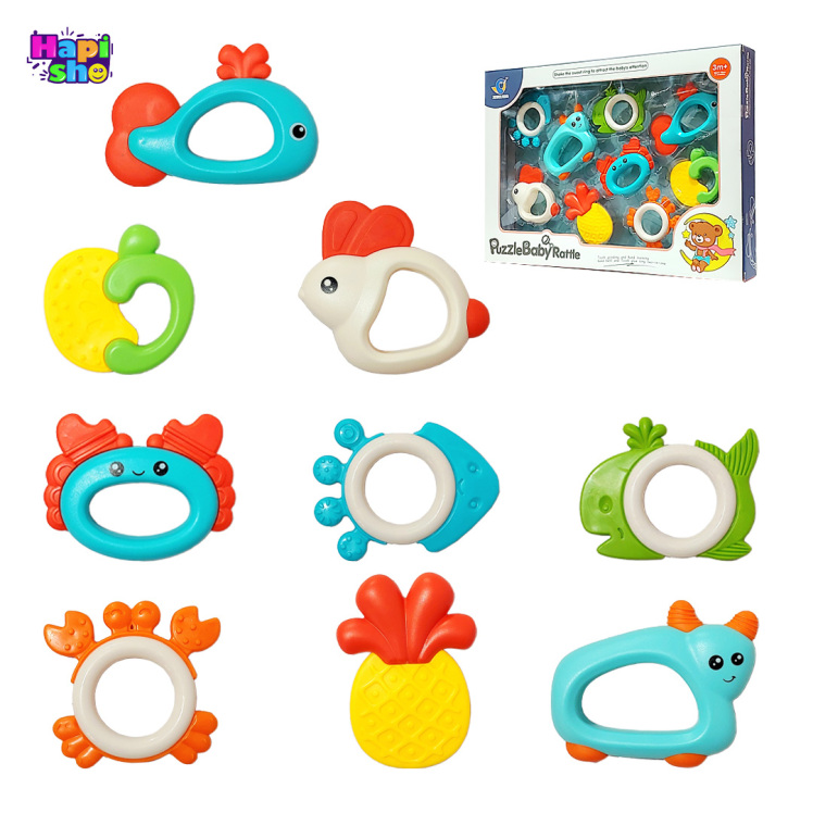 ست جغجغه نوزاد خارجی ۹ عددی همراه دندان‌گیر مدل PUZZLE BABY RATTLE