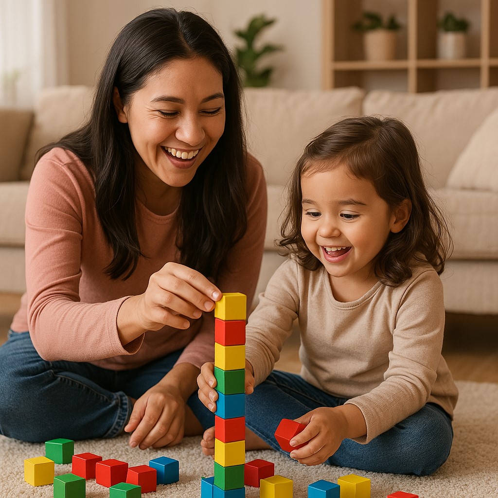 مادر و کودک در حال بازی با بلوک‌های سازه‌ای