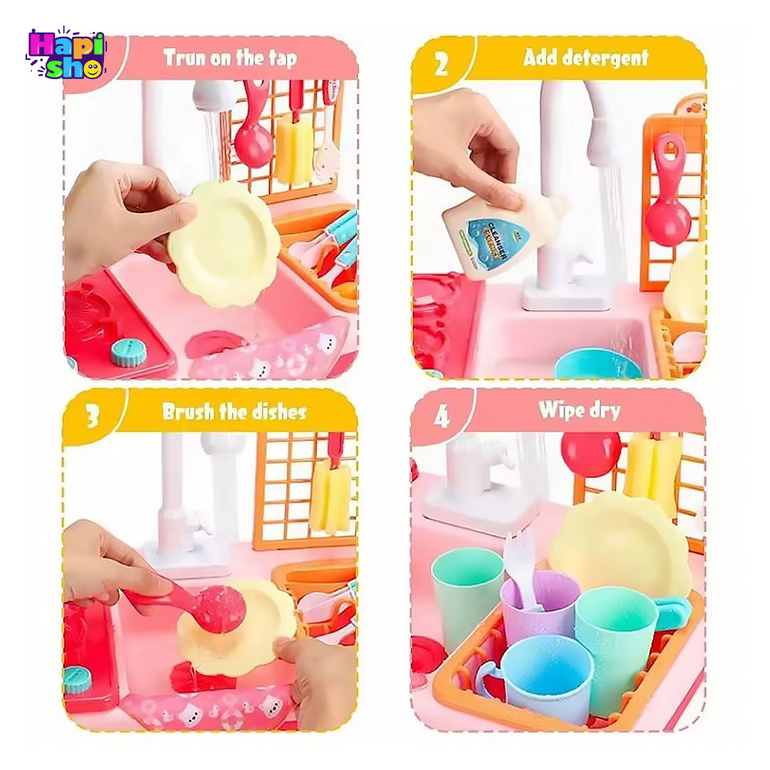 نحوه بازی و استفاده اسباب بازی سینک ظرفشویی پمپ دار با گاز مدل Little Chef Play Series