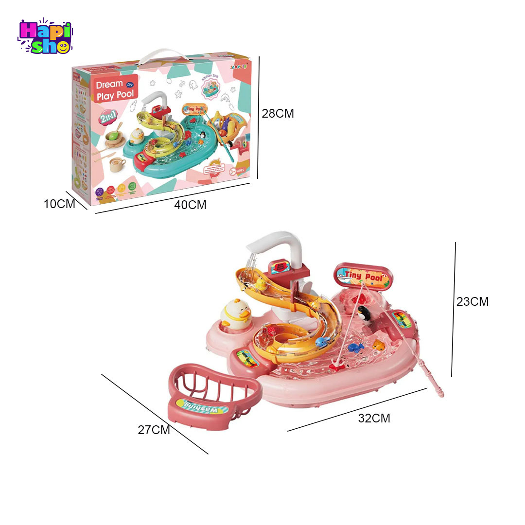  قیمت اسباب بازی سینک ظرفشویی پمپ دار با سرسره ماهیگیری 2 کاره باتری خور_اسباب بازی 