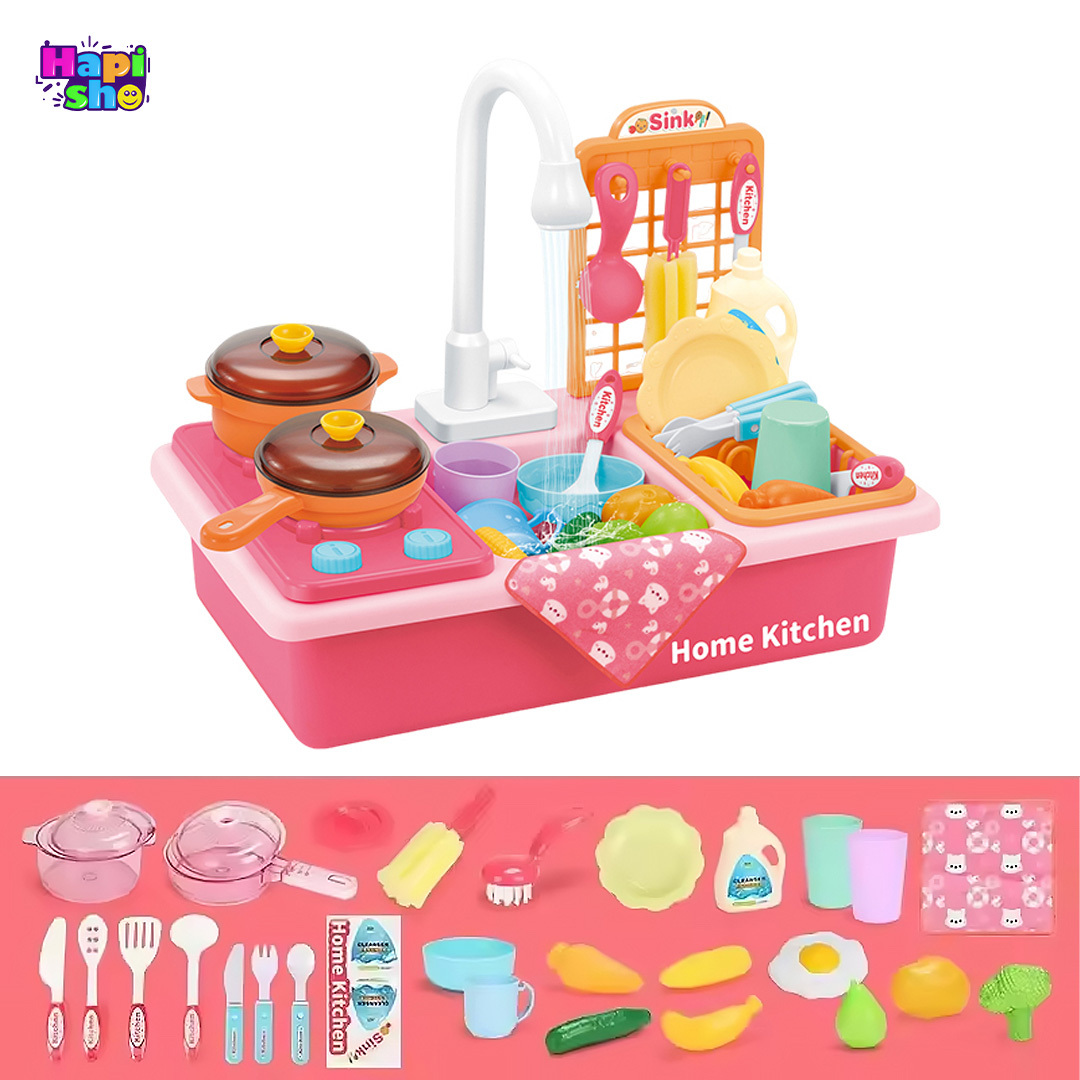 اقلام همراه اسباب بازی سینک ظرفشویی پمپ دار با گاز مدل Little Chef Play Series