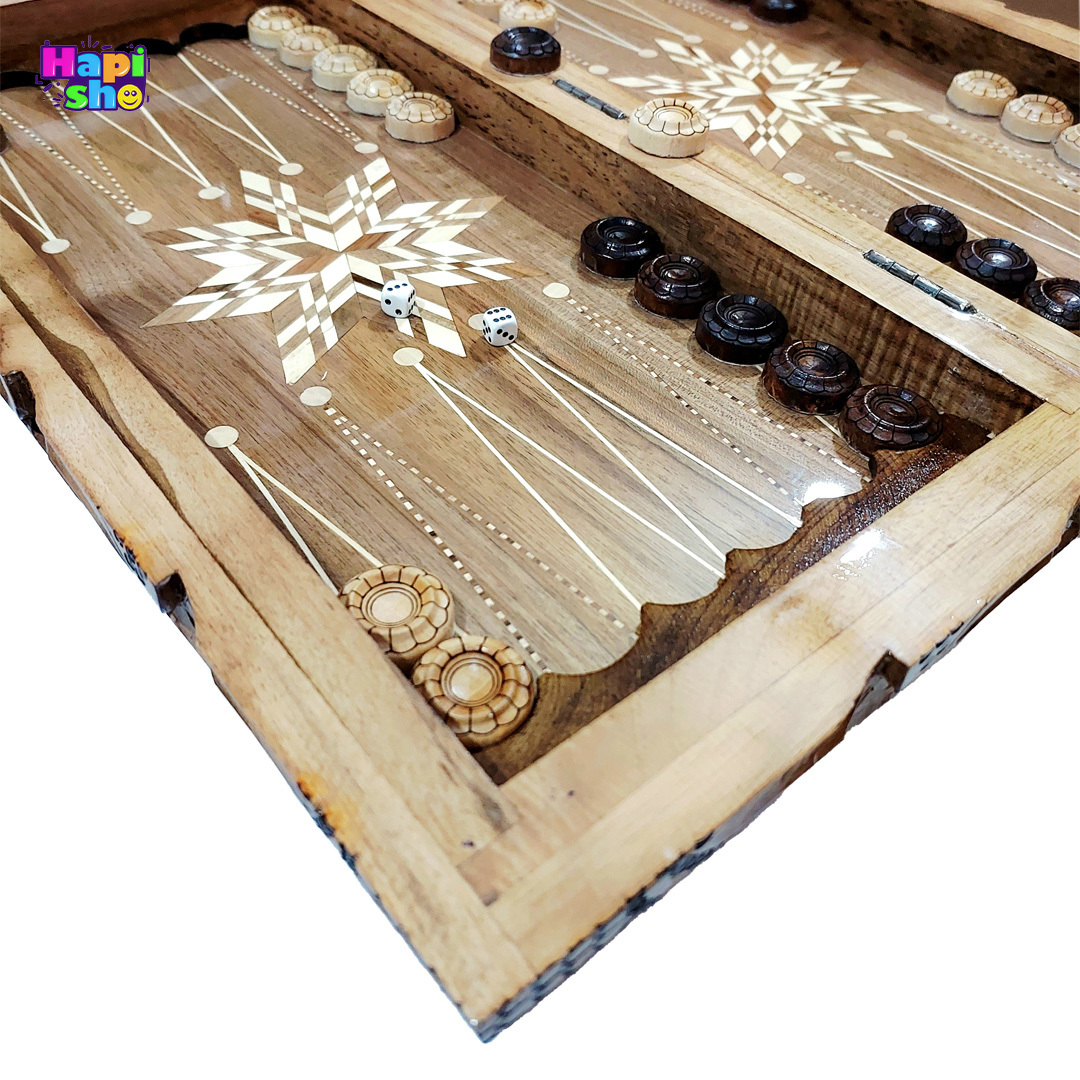 بهترین تخته نرد منبت کاری چوب گردو سنندج با معرق ستاره و شطرنج ۵۰ سانت کد ۴۶۴