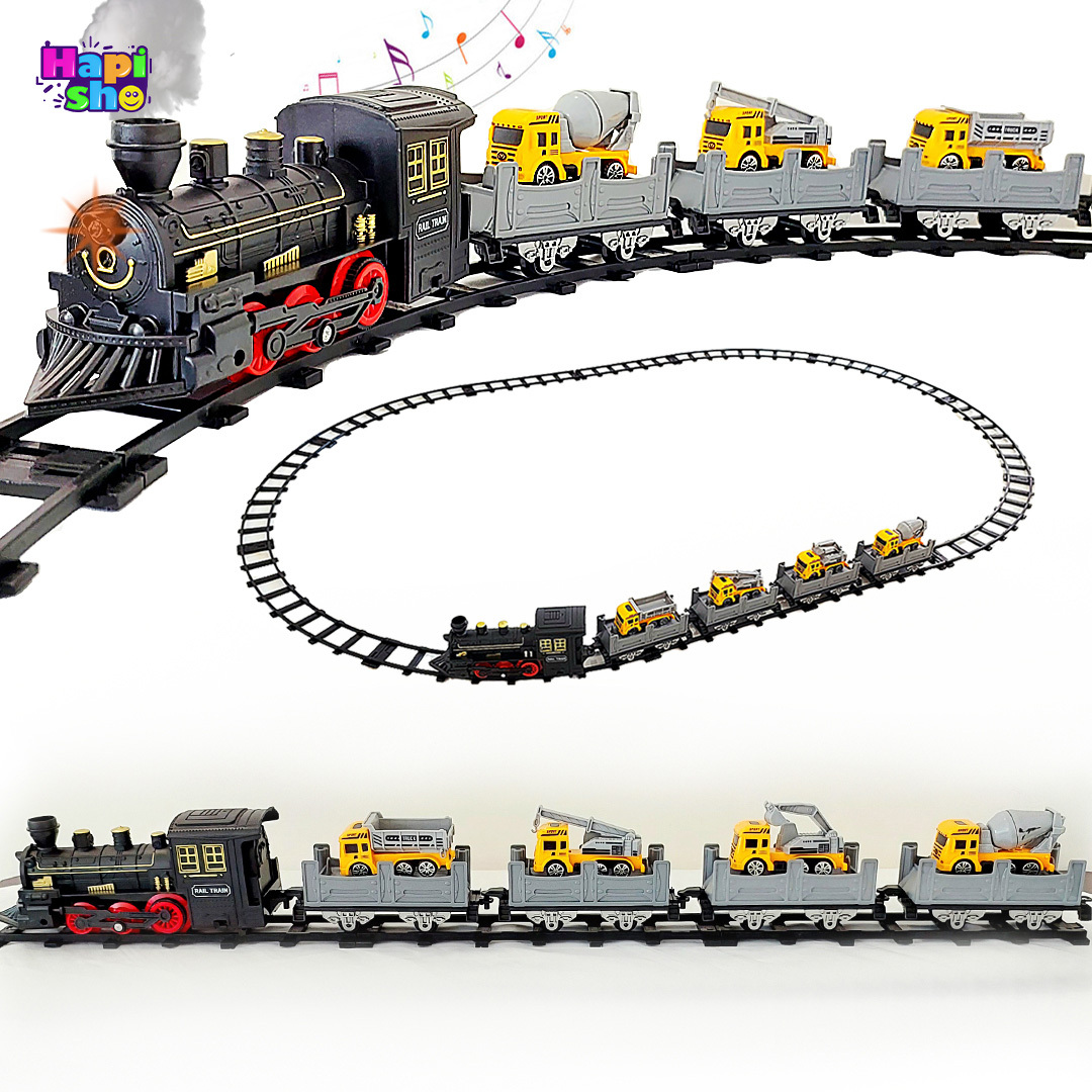  خرید قطار اسباب بازی دودزا 5 کوپه بزرگ با ماشین و چراغ مدل CLASSIC TRAIN–اسباب بازی 