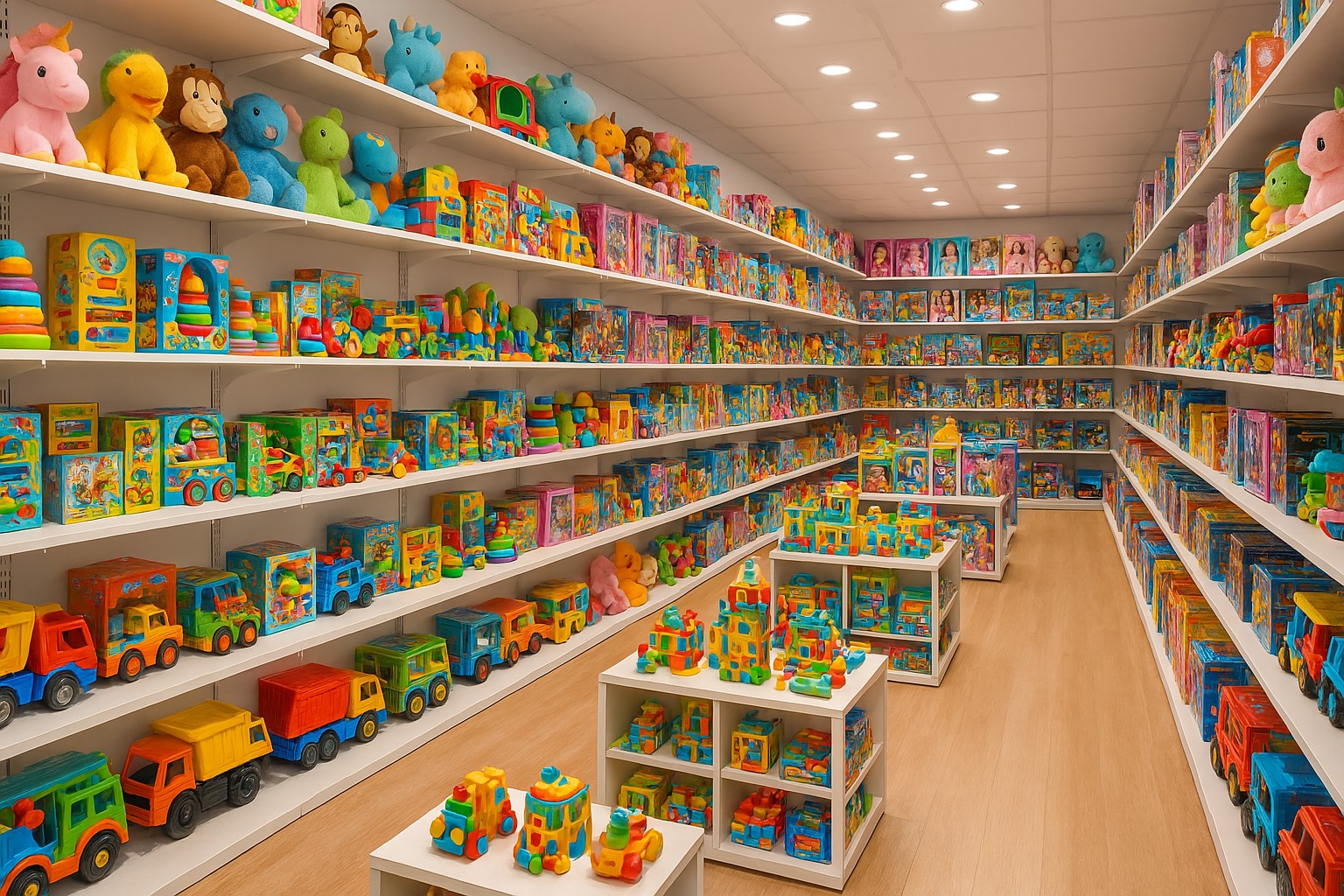 نمای داخلی فروشگاه اسباب‌بازی با تنوع محصولات رنگارنگ