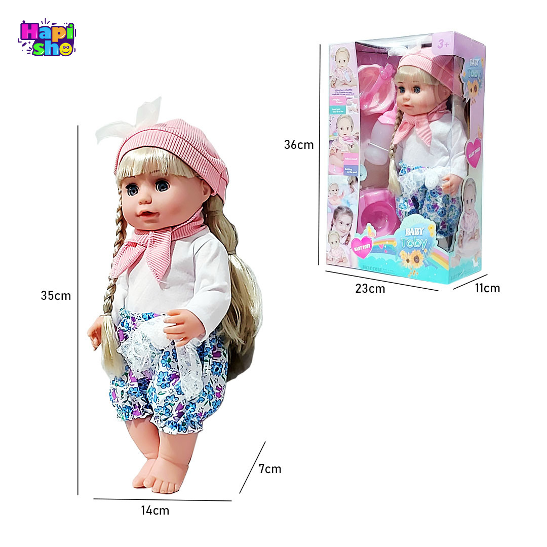ابعاد و انداره عروسک دخترانه بیبی توبی 6 کاره موزیکال با وسایل کامل Babay Toby