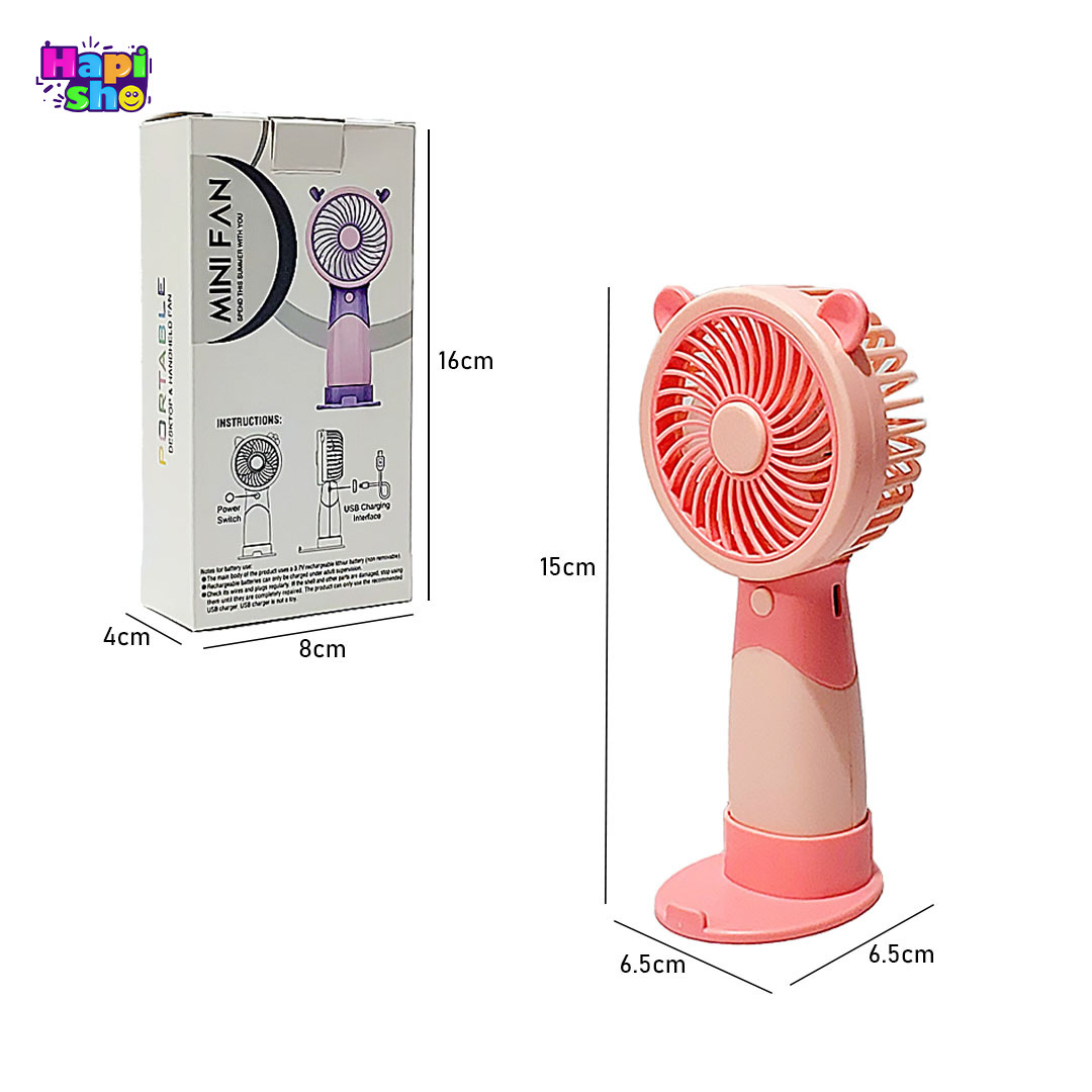  ابعاد و اندازه پنکه دستی فانتزی شارژی با پایه و 3 حالت دور فن DESKTOP & HANDELD FAN–اکسسوری کودک 