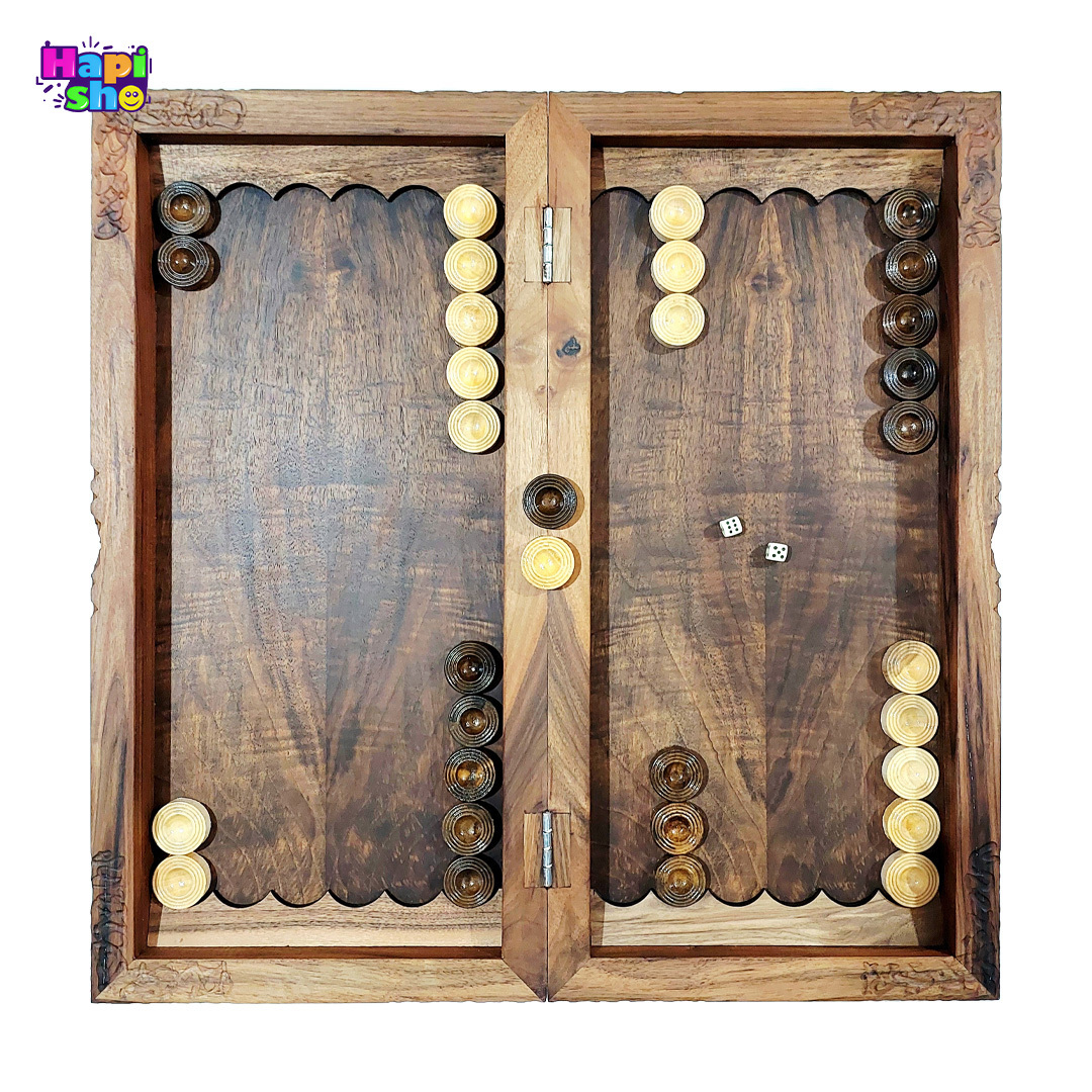 خرید تخته نرد ریشه گردو منبت کاری شده با شطرنج طرح سایان 50 سانتی کد 481