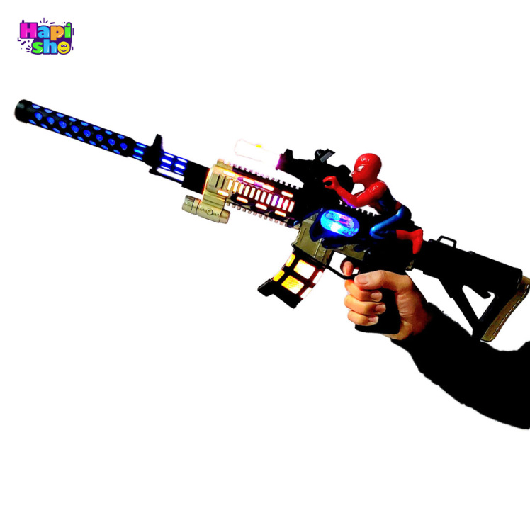 تفنگ موزیکال چراغدار با ویبره و لوله متحرک طرح اسپایدرمن BLACK SPIDER_اسباب بازی