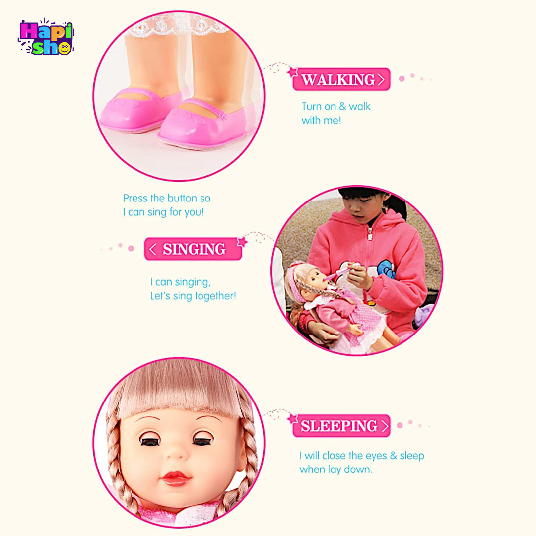  کارایی و عملکرد عروسک دخترانه راه‌رونده سخنگو با واکنش به کف زدن Belinda Walking Doll–اسباب بازی 