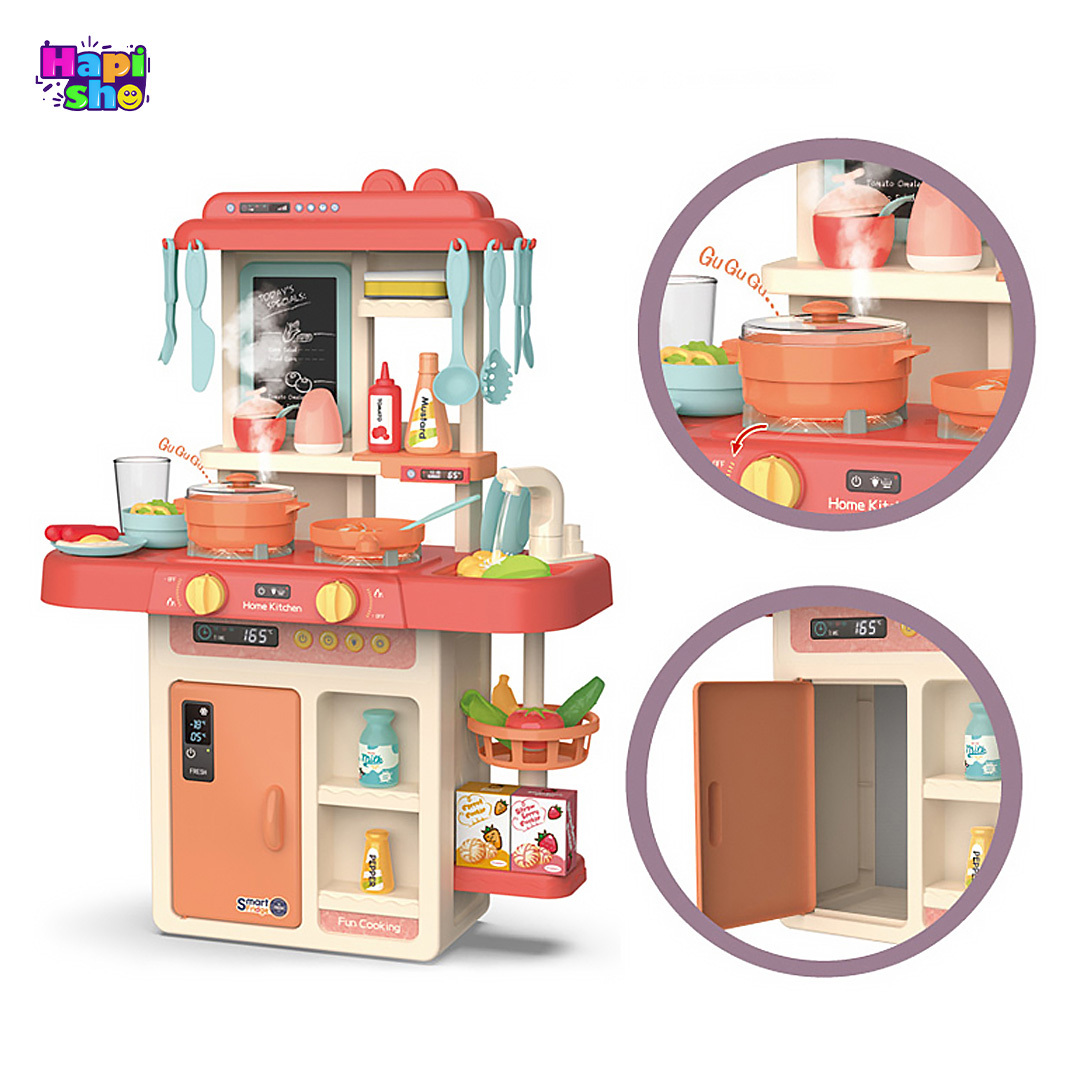  عمکرد درب یخچال و اجاق گاز آشپزخانه اسباب‌بازی با سینک پمپ دار و اجاق بخار کن SPRAYING KITCHEN–اسباب بازی 