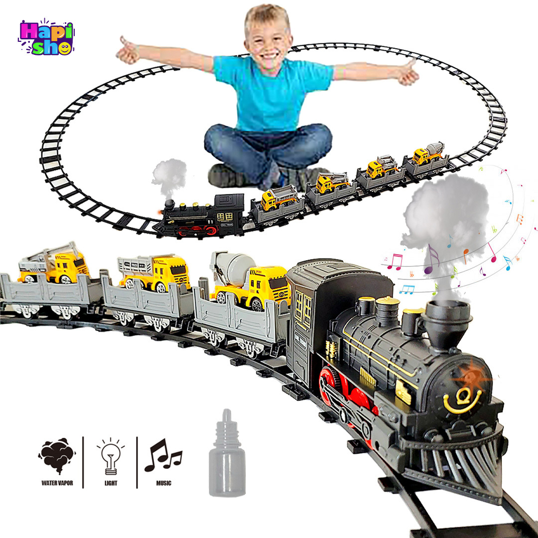  قیمت قطار اسباب بازی دودزا 5 کوپه بزرگ با ماشین و چراغ مدل CLASSIC TRAIN–اسباب بازی 