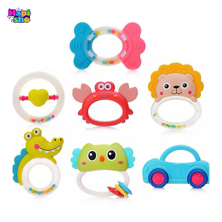 جغجغه خارجی پلاستیکی با دندان گیر نوزاد ست 7 عددی مدل HANDBELL BABY_اسباب بازی