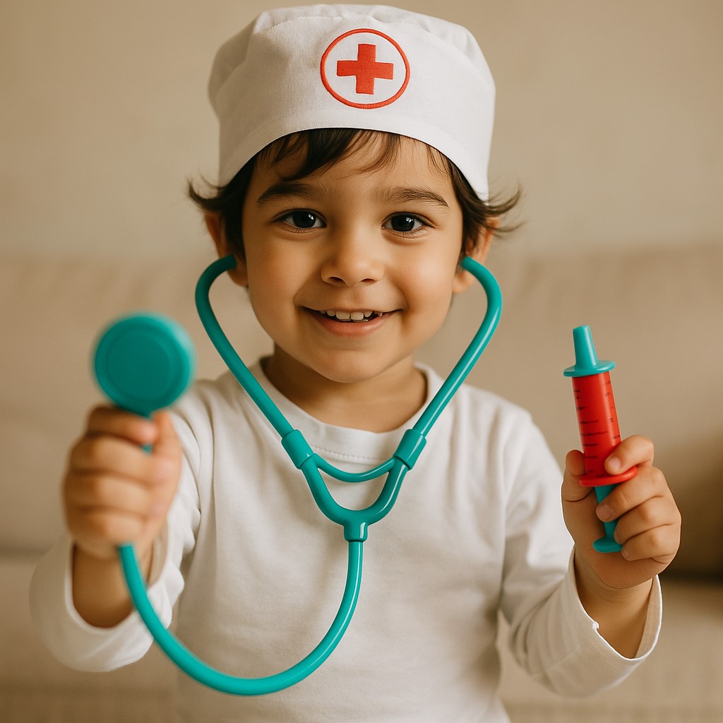 کودک با ست پزشکی در حال نقش‌آفرینی
