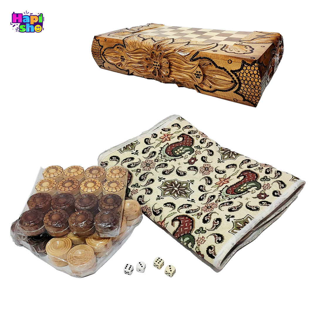 اقلام همراه تخته نرد منبت کاری چوب گردو سنندج با معرق ستاره و شطرنج ۵۰ سانت کد ۴۶۴