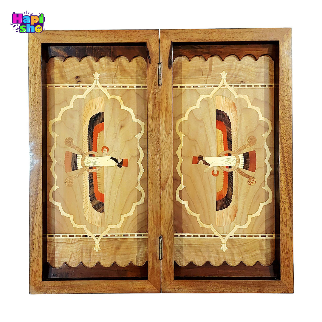 خرید تخته نرد منبتکاری چوب گردو با معرق رنگی فروهر ۵۰ سانت کد ۵۱۶