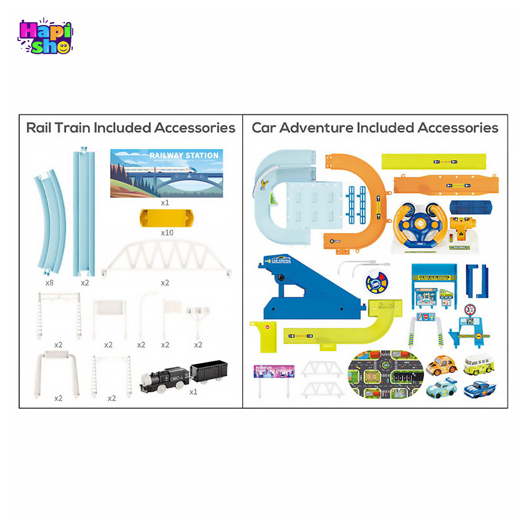  اقلام همراه اسباب بازی پارکینگ ماشین فرمان دار با قطار و بالابر برقی Car Adventure 