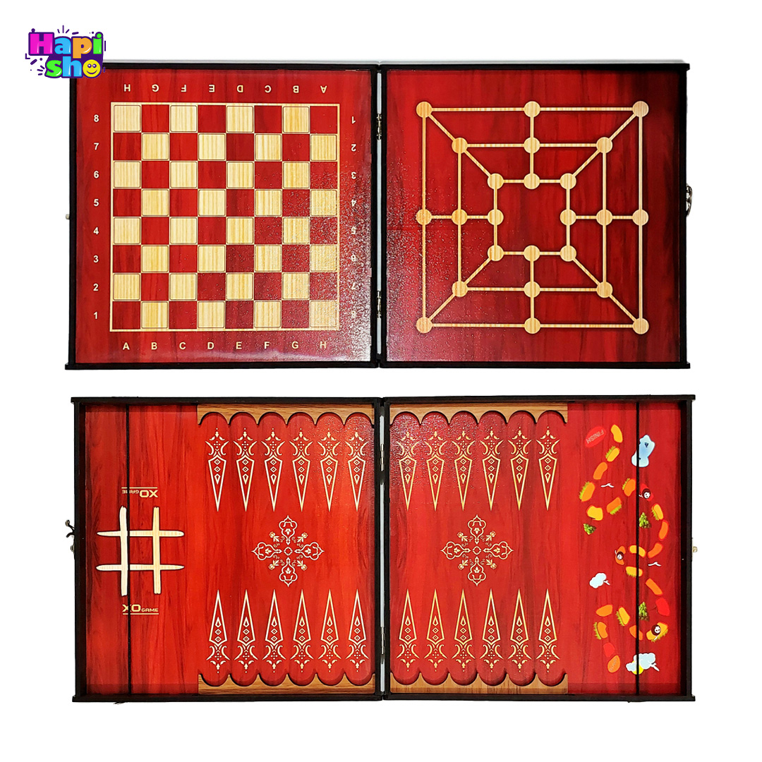 نمای از صفحات چوبی بازی فکری چوبی 10 کاره مسافرتی با کیف چرمی دستدوز مدل Family Game