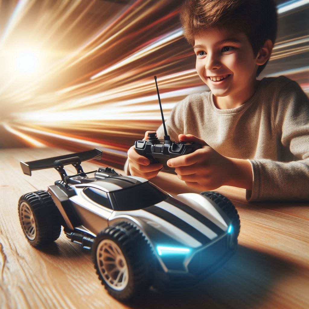 تصویر ماشین کنترلی پسرانه در حال حرکت با سرعت بالا، نمایی از هیجان و هماهنگی دست و چشم