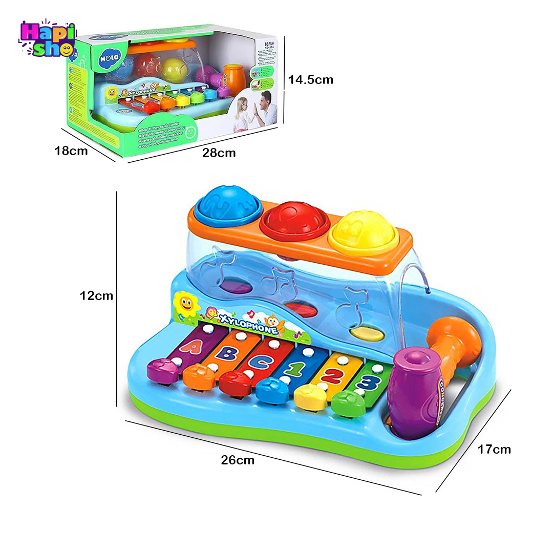  ابعاد و اندازه اسباب بازی موزیکال چکش و بلز با توپ‌های رنگی هولی تویز Hola Toys–اسباب بازی 