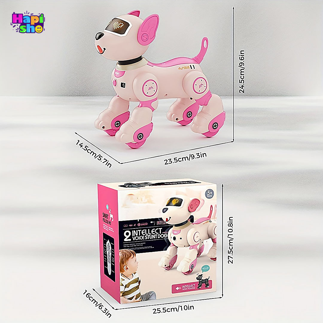  ابعاد و اندازه ربات سگ کنترلی هوشمند سنسوردار مدل INTELLECT VOICE STUNT DOG–اسباب بازی ربات 
