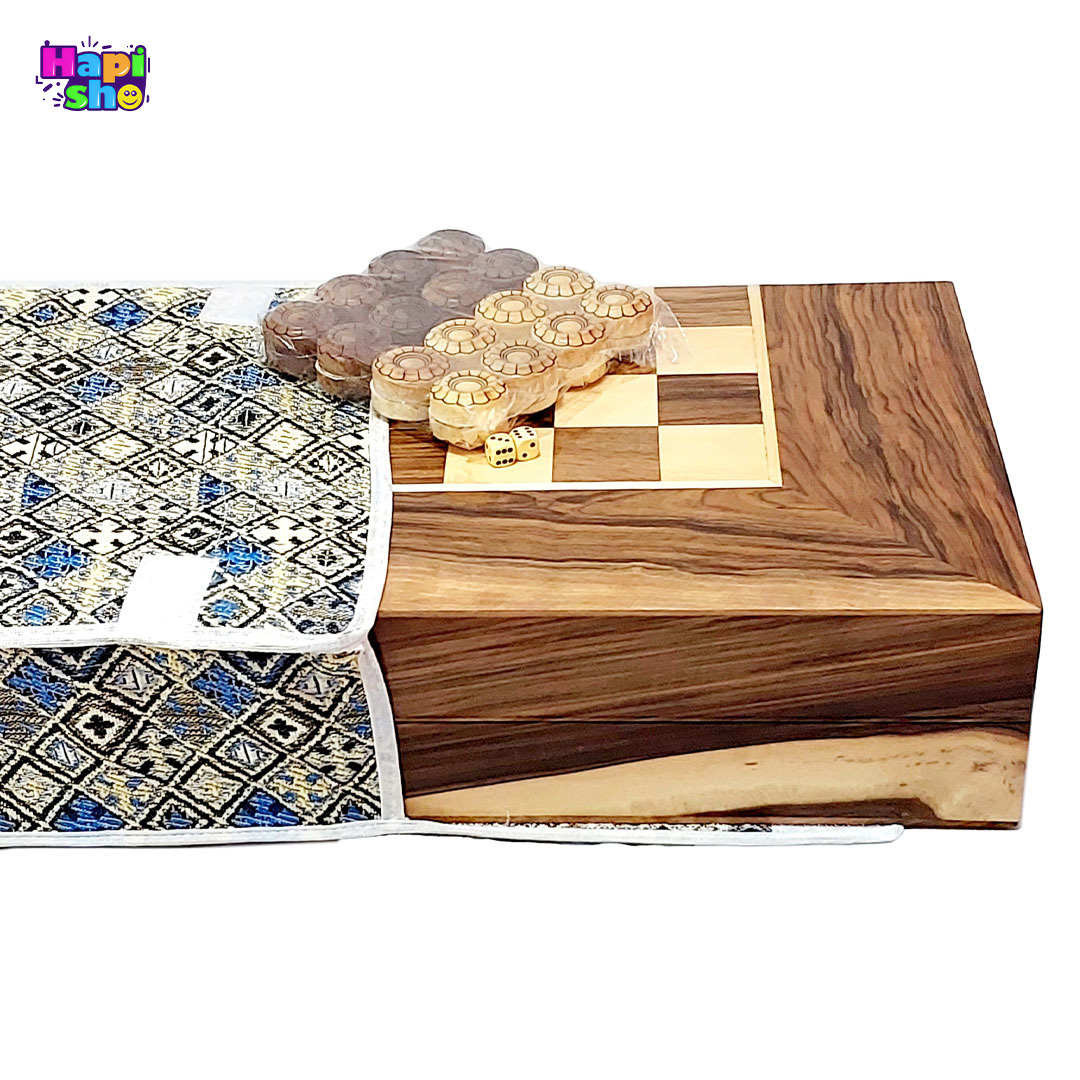  اقلام همراه تخته نرد چوب گردو سنندج با معرق کاری ستاره طرح شمس 50 سانتی کد 384–تخته نرد 
