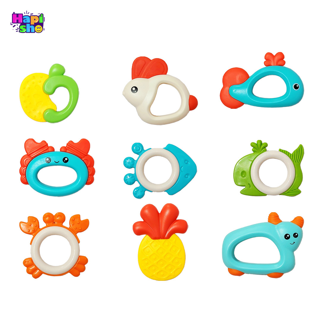  خرید ست جغجغه نوزاد خارجی ۹ عددی همراه دندان‌گیر مدل PUZZLE BABY RATTLE 