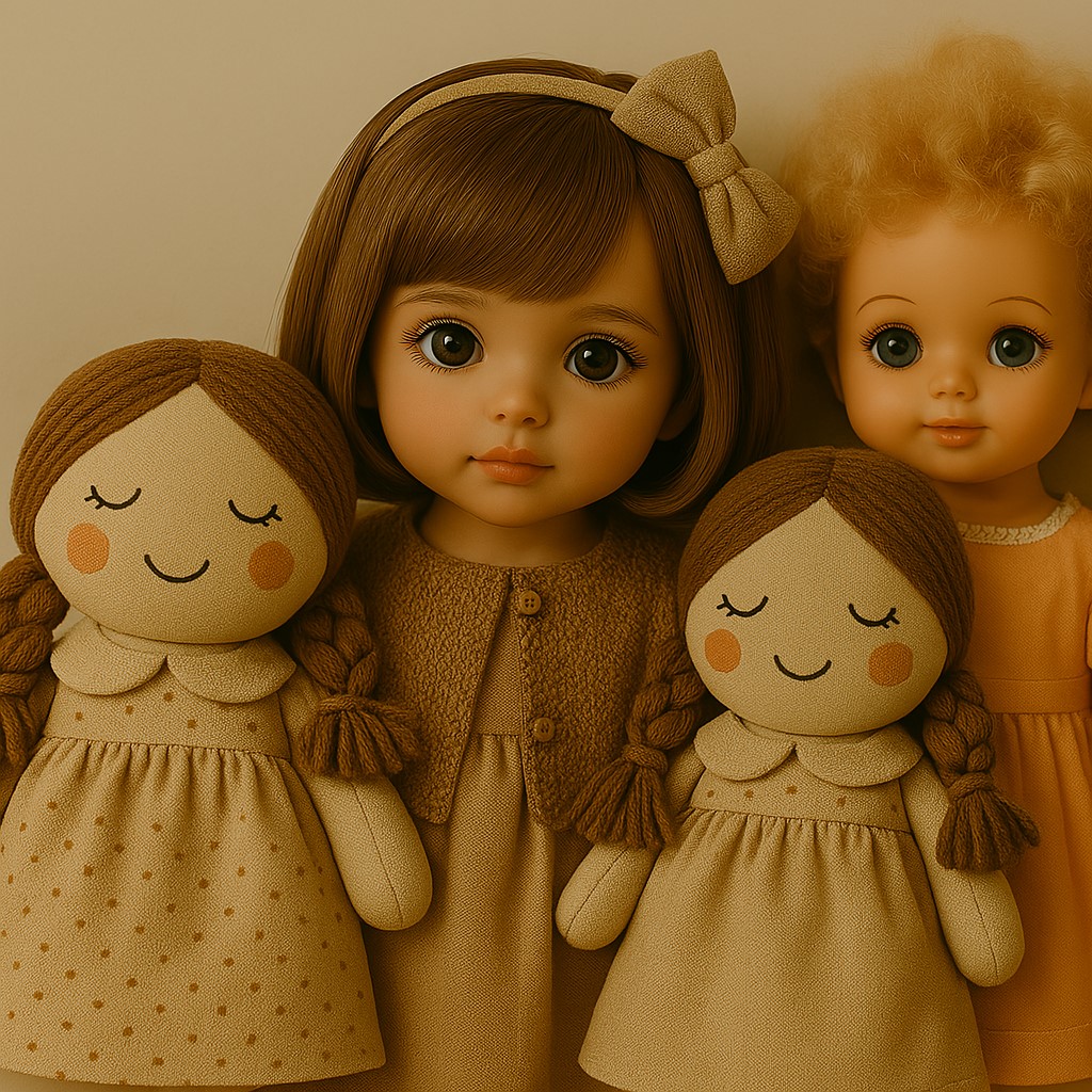 مجموعهای از عروسکهای دخترانه قدیمی و مدرن در کنار هم