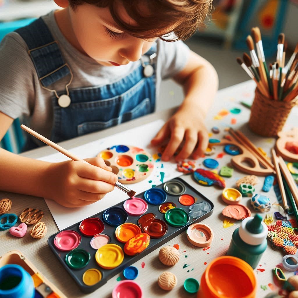 تصویر کودک در حال نقاشی یا ساخت کاردستی با اسباب‌بازی‌های هنری