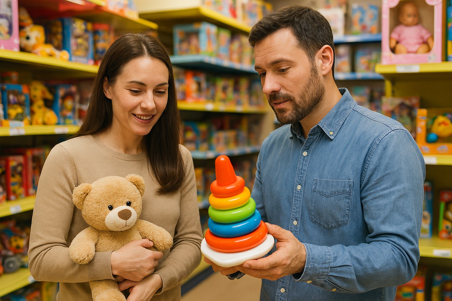 والدین در حال انتخاب اسباب‌بازی ایمن و مناسب برای کودک