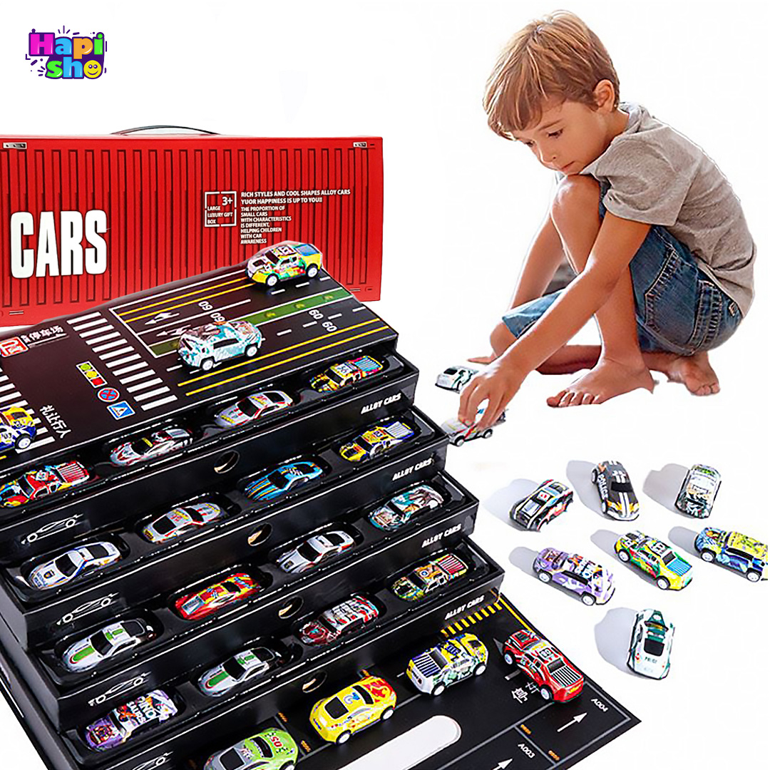  کودک در حال بازی با ماشین عقب‌کش فلزی خارجی با پارکینگ پک ۴۸ عددی CARS 