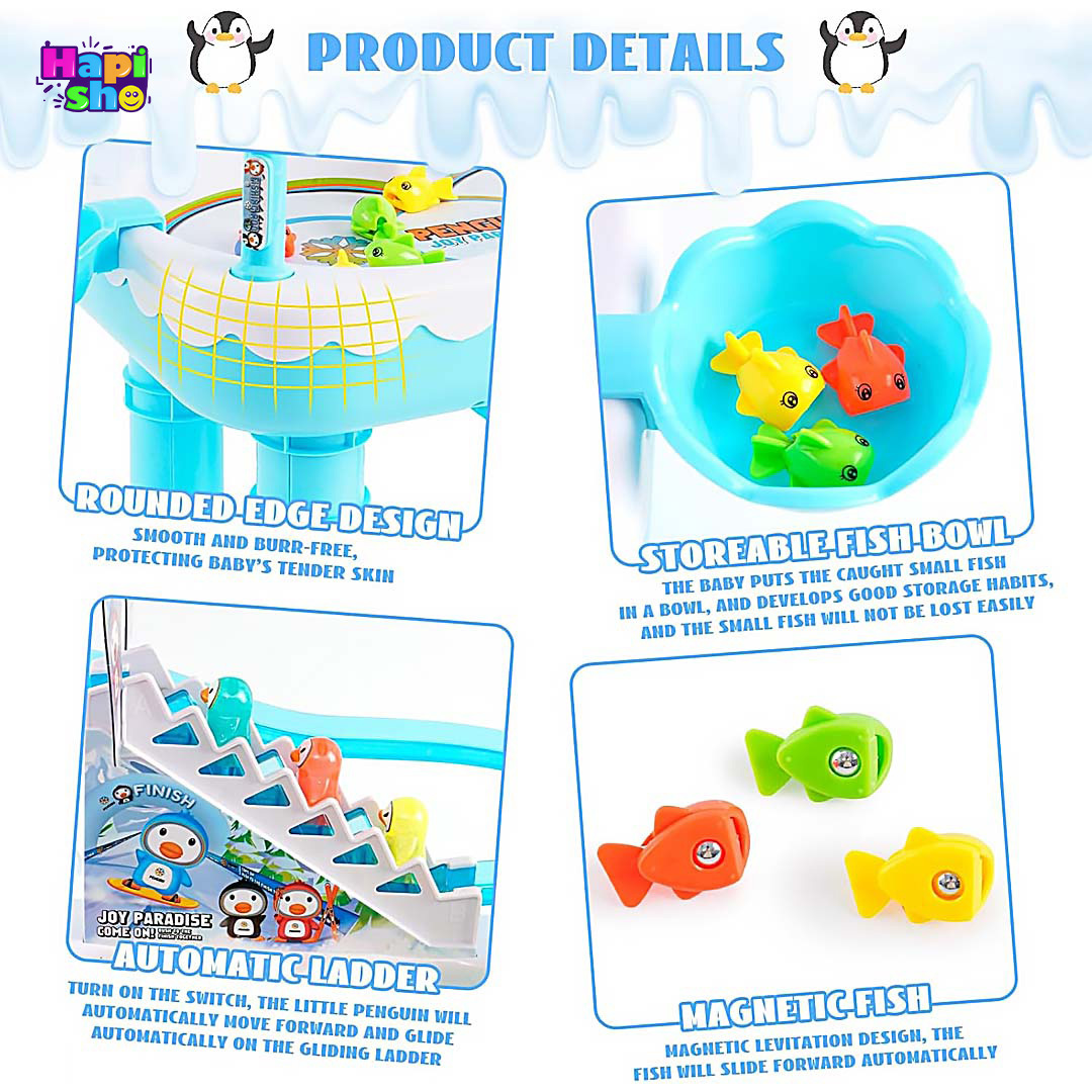 جزییات اقلام همراه اسباب بازی ماهیگیری در آب موزیکال با پله برقی دو کاره مدل ICE PENGUIN–اسباب بازی