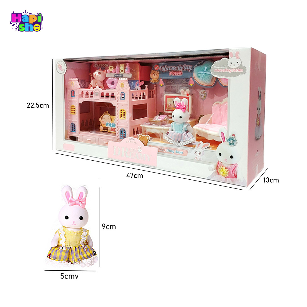 ابعاد و اندازه اسباب بازی خانه عروسکی خرگوش با وسایل اتاق نشیمن Warm Living Room
