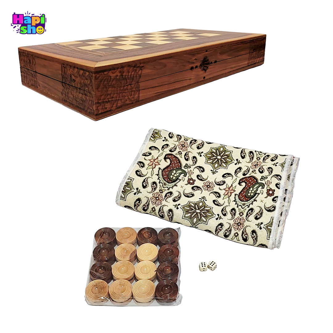 اقلام همراه تخته نرد ریشه گردو منبت کاری شده با شطرنج طرح سایان 50 سانتی کد 481