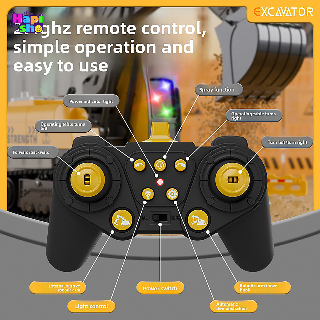 مشخصات کامل ریموت کنترل اسباببازی بیل مکانیکی کنترلی شارژی دودزا با چراغ و صدا واقعی EXCAVATOR