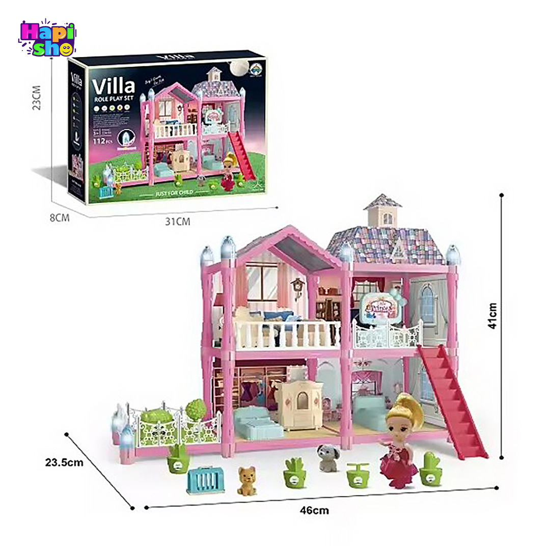  ابعاد و اندازه اسباب بازی خانه عروسکی 2 طبقه با چراغ شب تاب و لوازم مدل Villa Role Play Set–اسباب بازی 