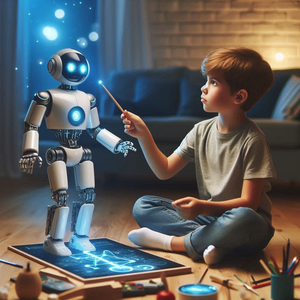 تصویر ربات پسرانه در حال انجام حرکات پیشرفته و آموزش فناوری به کودک