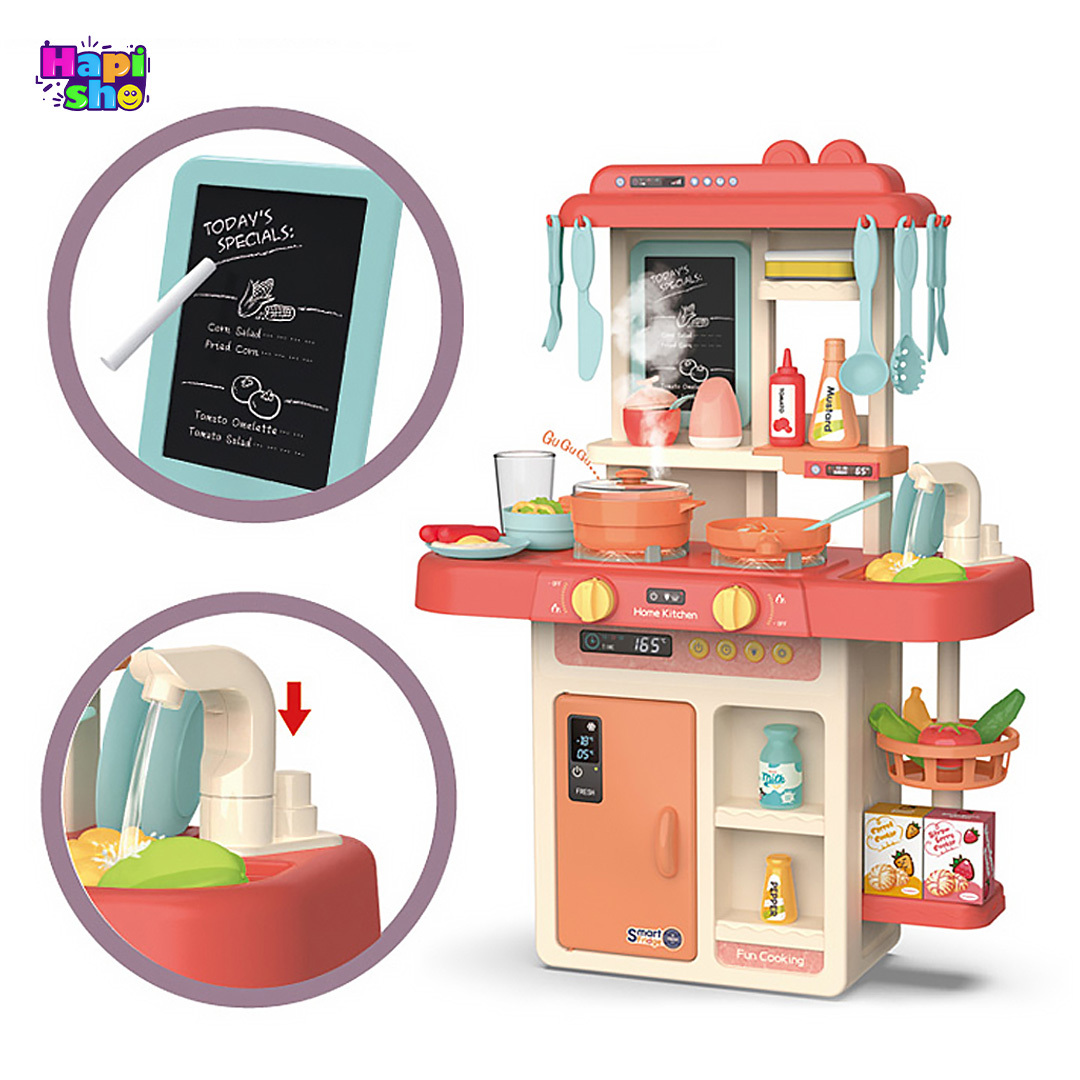  عملکرد شیر آب و تخته سیاه آشپزخانه اسباب‌بازی با سینک پمپ دار و اجاق بخار کن SPRAYING KITCHEN–اسباب بازی 