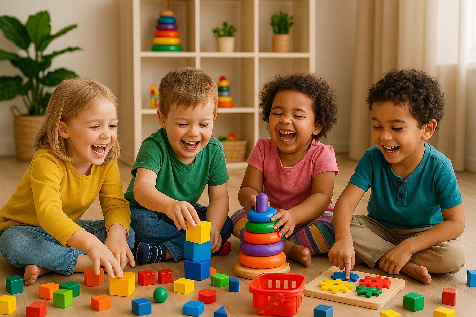 کودکان در حال بازی با اسباب‌بازی‌های رنگارنگ و متنوع