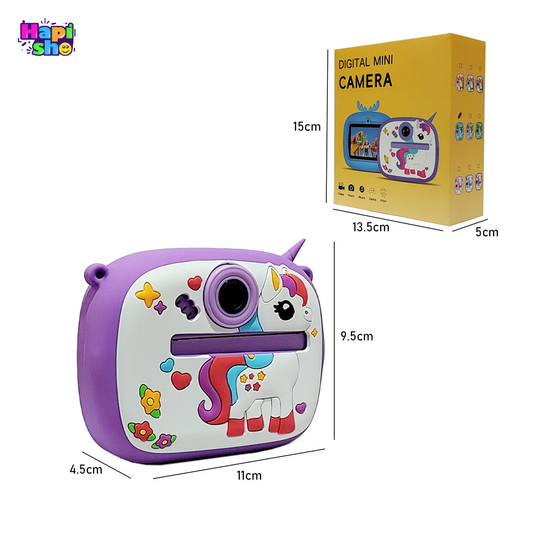  ابعاد و اندازه دوربین عکاسی بچه گانه با چاپ فوری طرح یونیکورن DIGITAL MINI CAMERA 