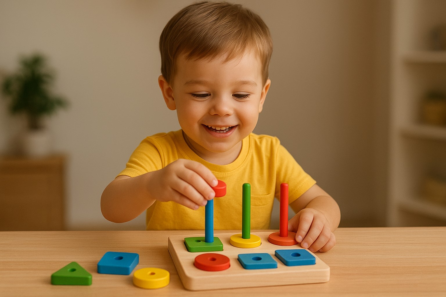 کودک همزمان با اسباب‌بازی سرگرم‌کننده و آموزشی بازی می‌کند
