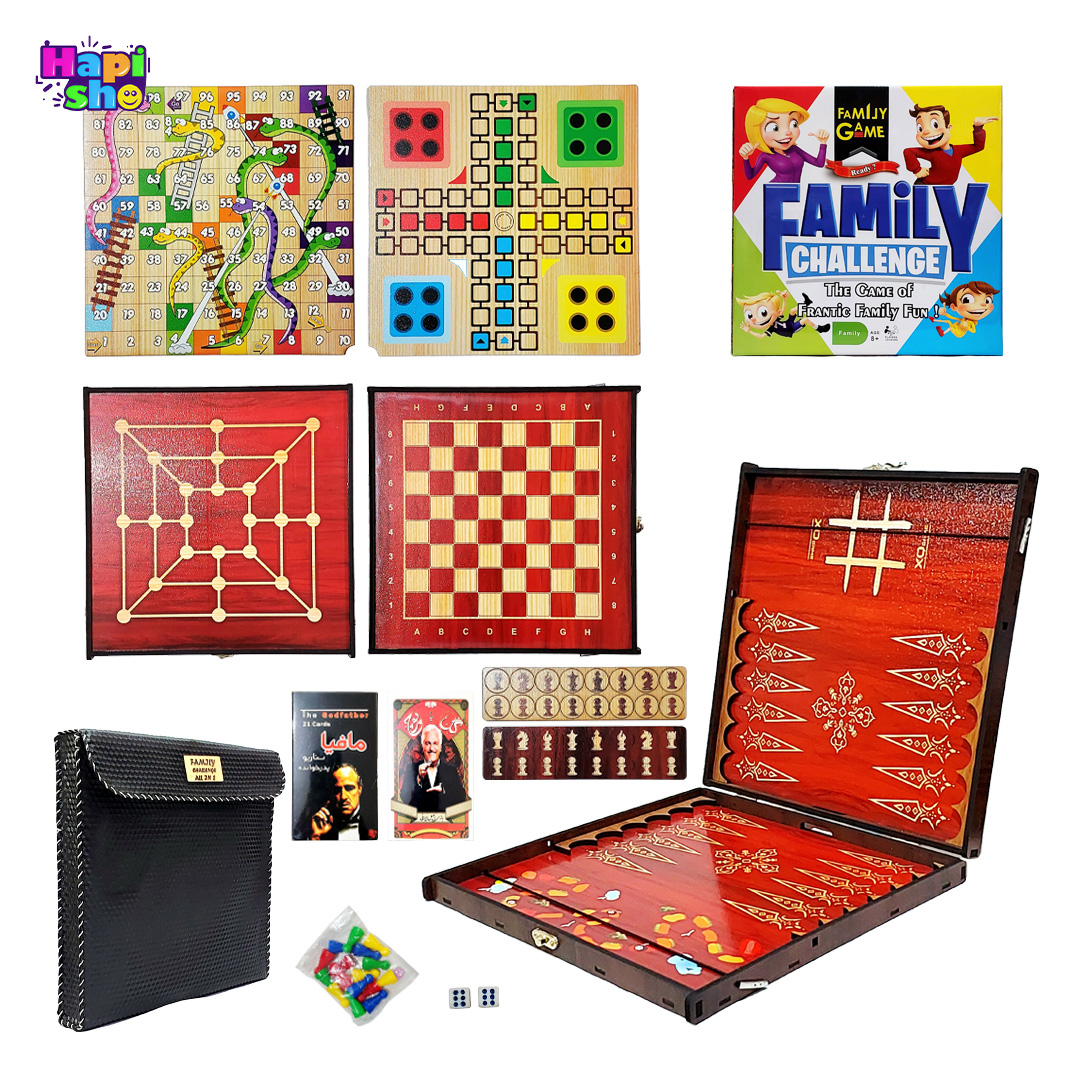 بازی فکری چوبی 10 کاره مسافرتی با کیف چرمی دستدوز مدل Family Game